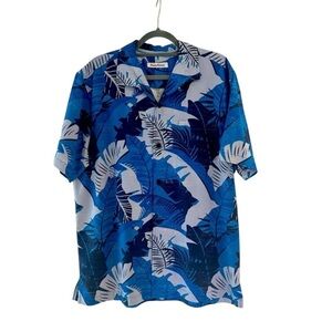 TOMMY BAHAMA Size Large Blue Big Palm Fronds IslandZone Men Hawaiian Camp Shirt